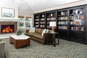 A living room with a fireplace, a couch, a coffee table, and a bookshelf.